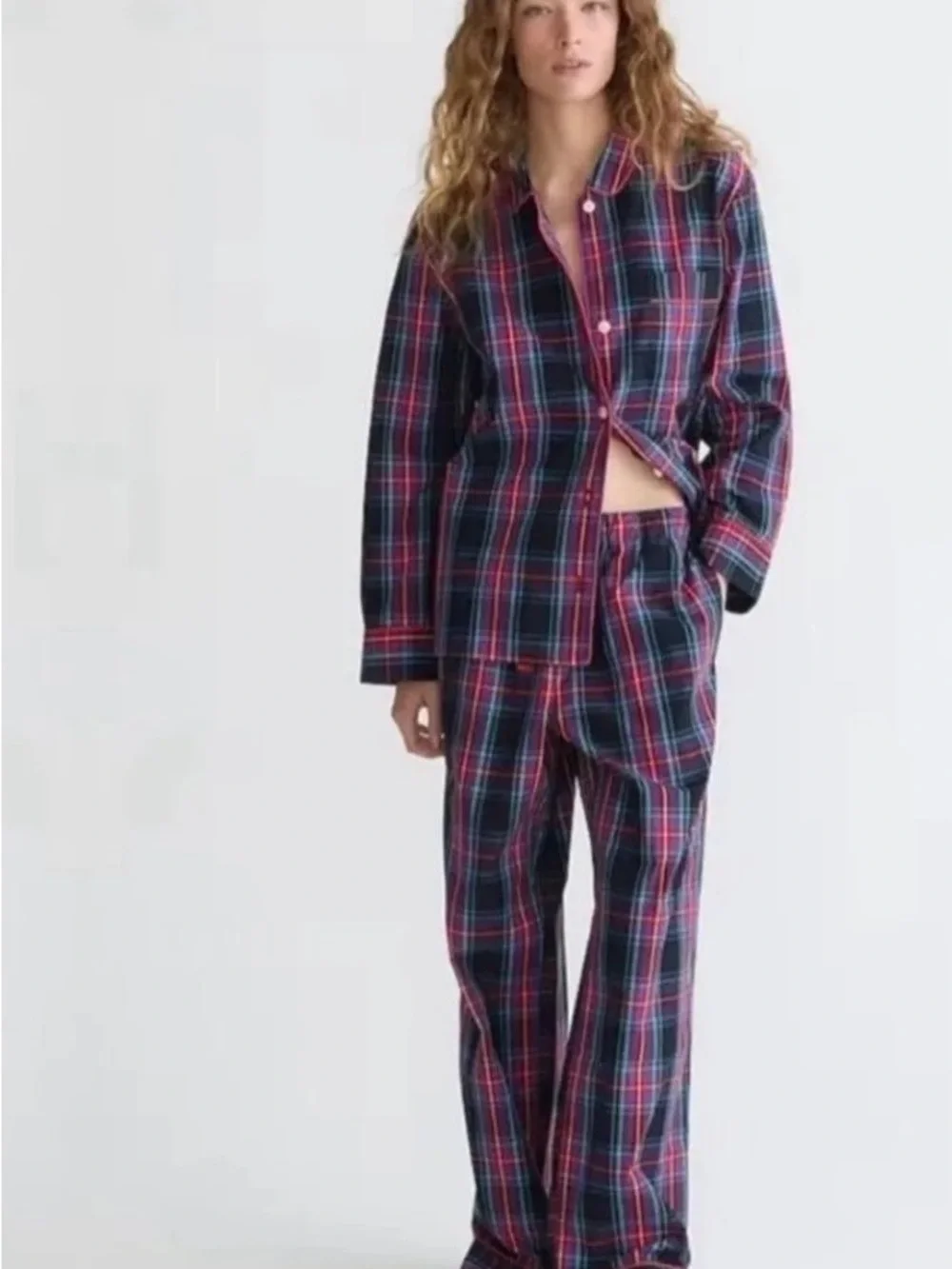 J.Crew long-sleeve cotton poplin pajama set in black stewart tartan